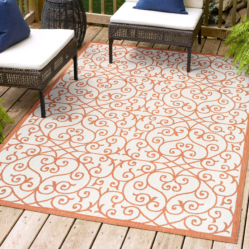 Deronte Vintage Filigree Textured Weave Cream/Orange Indoor/Outdoor Rug, Rectangle 5'3" x 7'7"