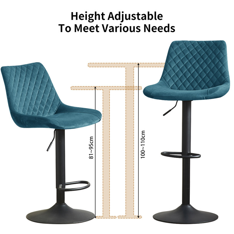 Heckscherville Velvet Height Adjustable Swivel Upholstered Bar Stool, Teal