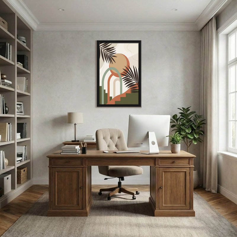 Abstrait paysage tropical abstrait avec des feuilles de palmier et des arches, H 18 po x l 12 po