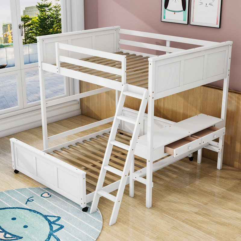 Jathon Wood Bunk Bed With Desk And Two Drawers, Full Over Full, White