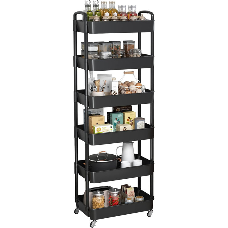 6-Tier Plastic Rolling Utility Cart with Handle, Multi-Functional Storage Trolley, Living Room, Kitchen, Movable Storage Organizer with Wheels
