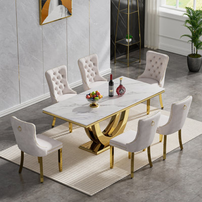 Luxury Marble Dining Table Set for , 68" Dining Room Table with Dining Chairs, White Dining Table with Faux Marble Top & Stainless Steel Pedestal, Large Dining Table and Chairs Set for Home Furniture