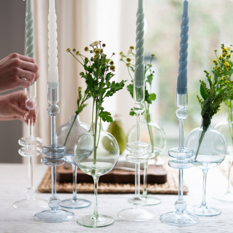 Glass Candlestick, 10" H x 4" W x 4" D, Clear