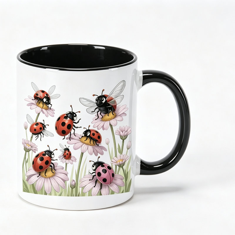 1pc The Ladybug Is Beside the Flower. The Bright Ladybug Is with the Daisy. Insulated Reusable Coffee Cup Ceramic Coffee Mug Holiday Gift Halloween.