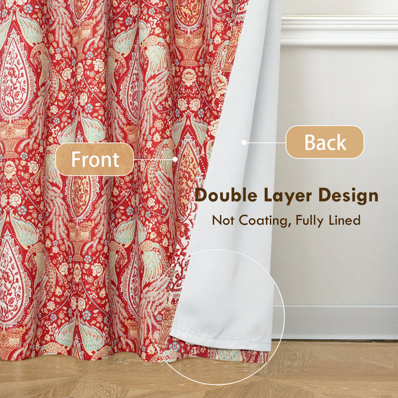 Floral Teal Curtains for Bedroom 80% Blackout Thermal Insulated Lined Double Layer Vintage Peacock Printed Pattern Darkening Drapes for Living Room Grommet 2 Panels