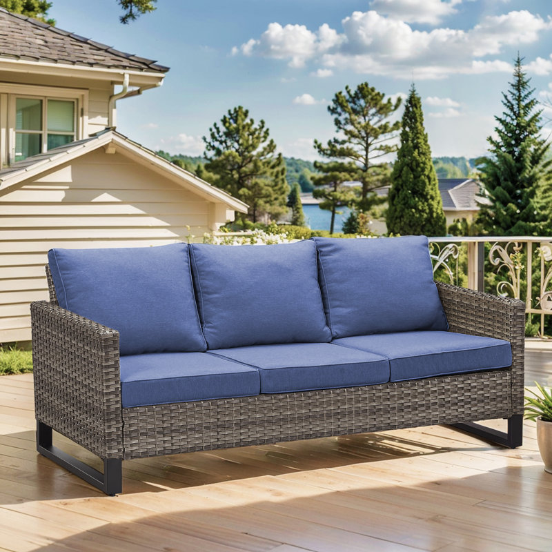 Canapé d'extérieur rectangulaire avec coussins de 74,4 po de largeur Ingvald, Bleu/gris
