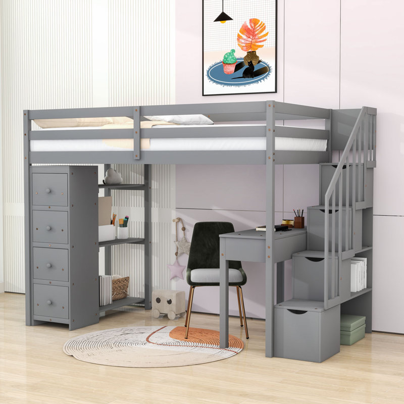 Heuss Kids Twin Loft Bed with Drawers, Gray
