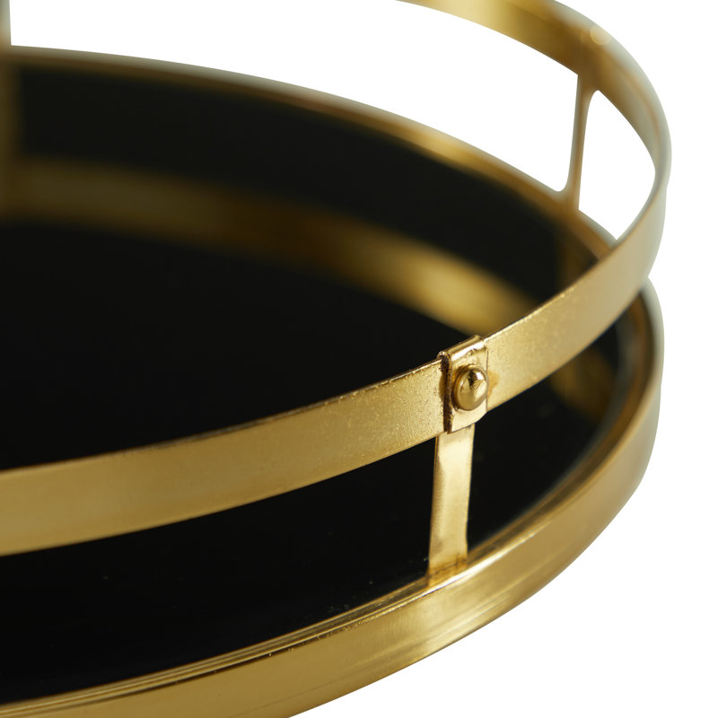Round Gold Metal Trays With Black Glass Base, Set Of 2: 14", 16"