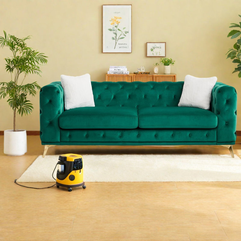 Canapés à compression, Chesterfield en velours vert de 82,5 pouces avec pieds en métal pour la maison