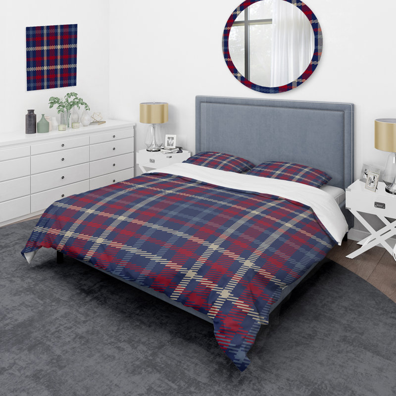 Tartan à carreaux bleu et rouge - Ensemble de housse de couette abstrait - Microfibre de polyester