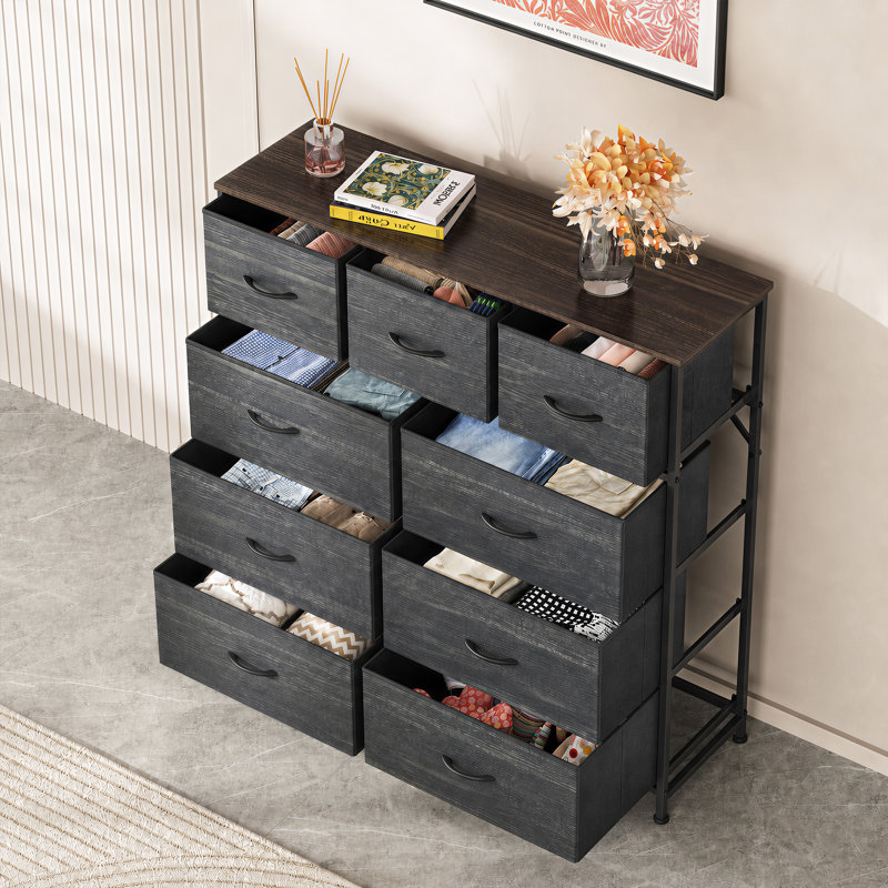 Commode 9 tiroirs avec plateau en bois Reinardo, Noir anthracite