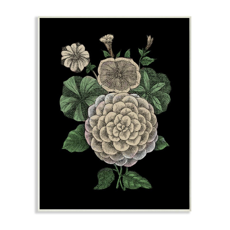 « yellow florals on black design » par le samedi soir, impression du dessin, Plaque en bois blanche