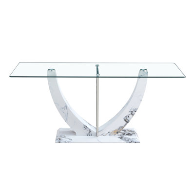 Rectangular Tempered Glass Dining Table White Faux Marble MDF V‑Shape Base Silver Stainless Steel Support Modern Contemporary Dining Table for Dining
