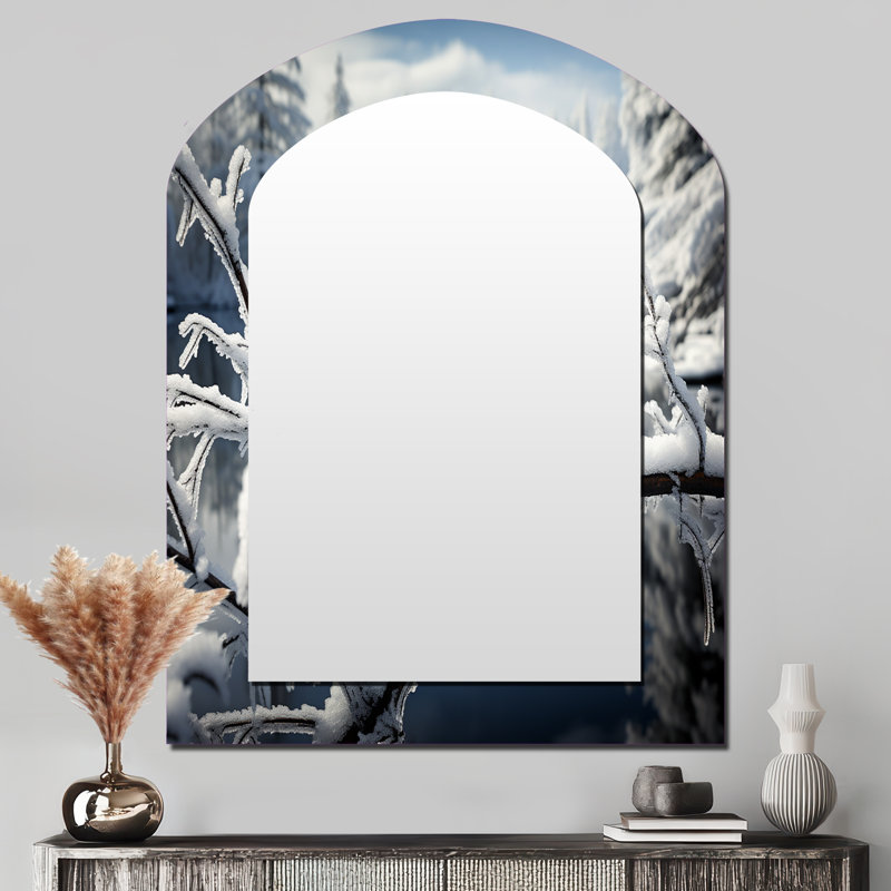 Canada Red Cardinal Bird Winter Wonderland V - Canada Asymmetrical Decorative Mirror, Traditional Arch Large Wall Mirror, Printed Metal Art