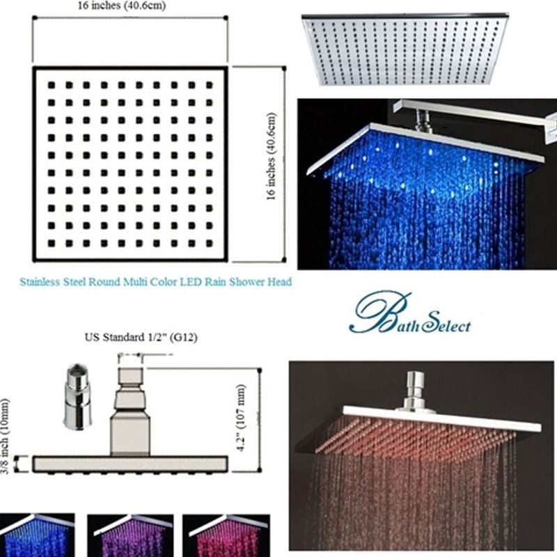 Modern 16" Stainless Steel LED Rain Shower Head – BathSelect, Ceiling Mounted, Color-Changing with Water Pressure Activation