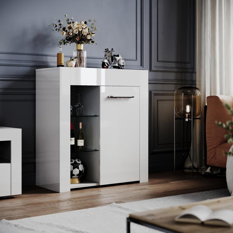 83*75*35cm Small Display Cabinet with RGB Colour Variations and Tempered Glass Shelves, White