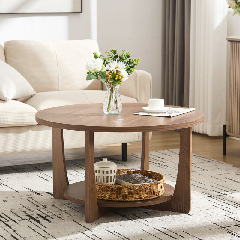 Table basse 31,5 po à pieds en bois massif avec rangement à 2 niveaux, Noyer