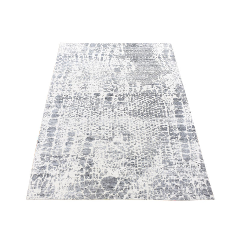 Tapis oriental ivoire 4 pi x 6 pi, de conception moderne, en soie nouée à la main avec de la laine texturée, DAAA6D51371B42FA8D0889432FC62092