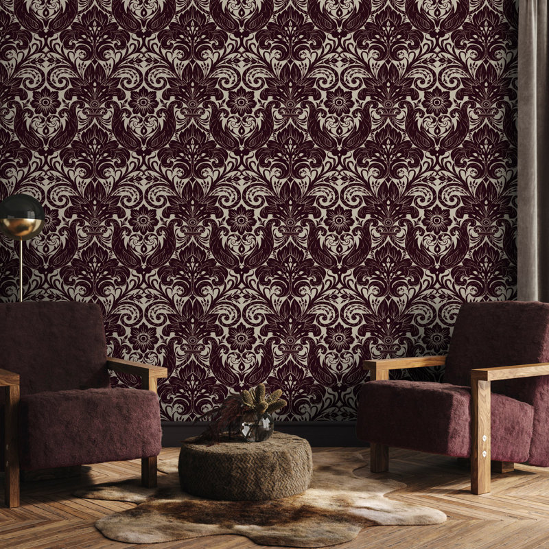 Llewelyn-Bowen - Off The Wall Damask Fabric Wallpaper Roll, Red