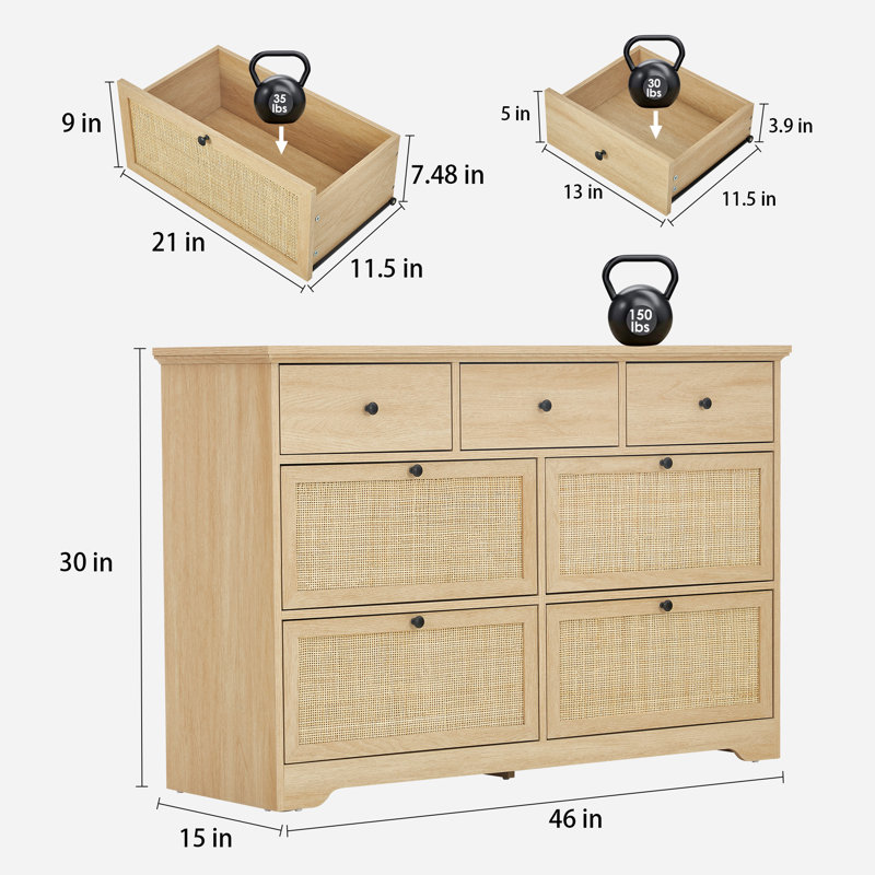 Boho Natural Rattan Bedroom Set, 2 Pcs: Bed, Dresser, Lit double