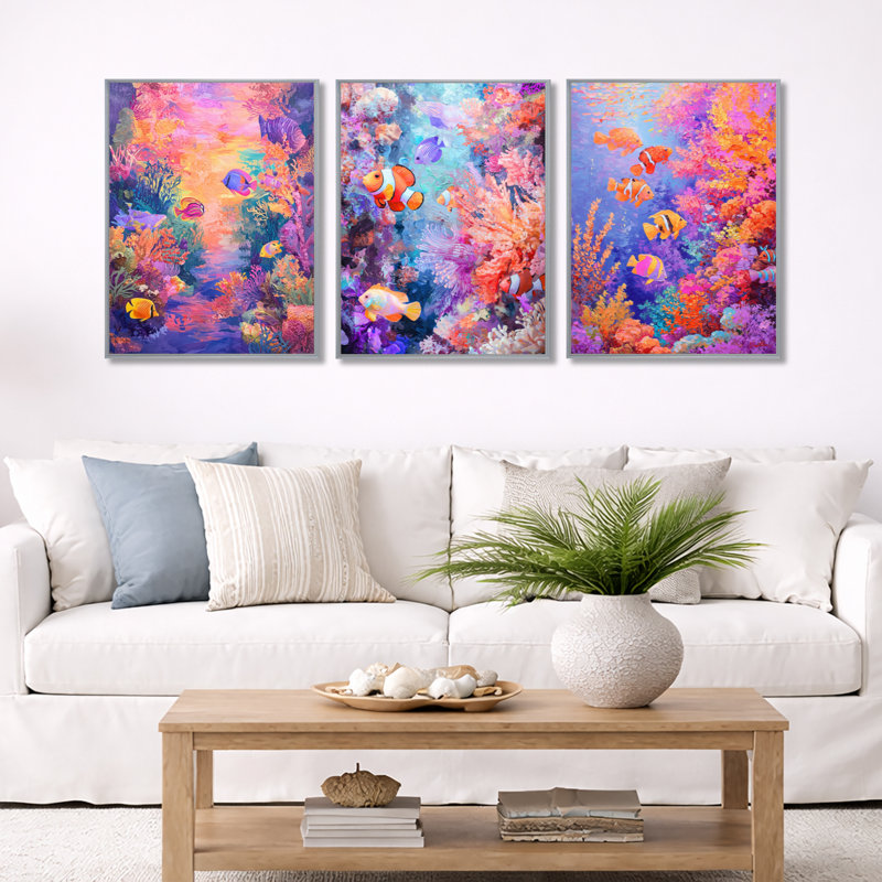 Coral Reef Fish Paradise - art mural encadré 3 pièces, Silver Floater Framed, 32" H x 72" W