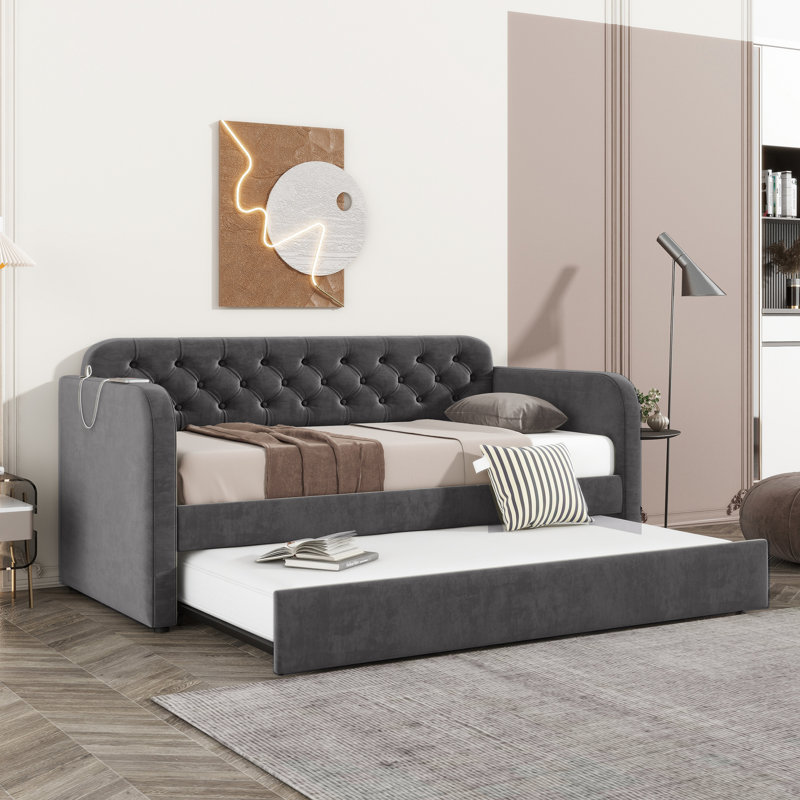 Elegant Twin Size Daybed With Trundle And - Dark Grey Velvet Upholstered Frame For Bedroom Bed Charging Outlet Comfortable Upholstery Living Room