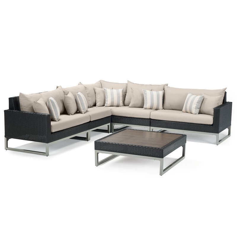 6 Piece Outdoor Sectioanl Seating Group, Centered Ink Stripe Sunbrella®, Brown