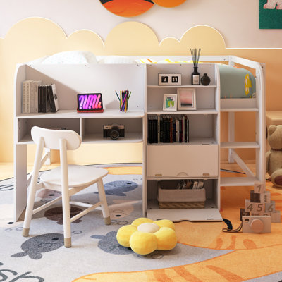 Wood Frame Full Size Low Loft Bed With Built-In Desk,Storage Cabinets And Open Bookcase