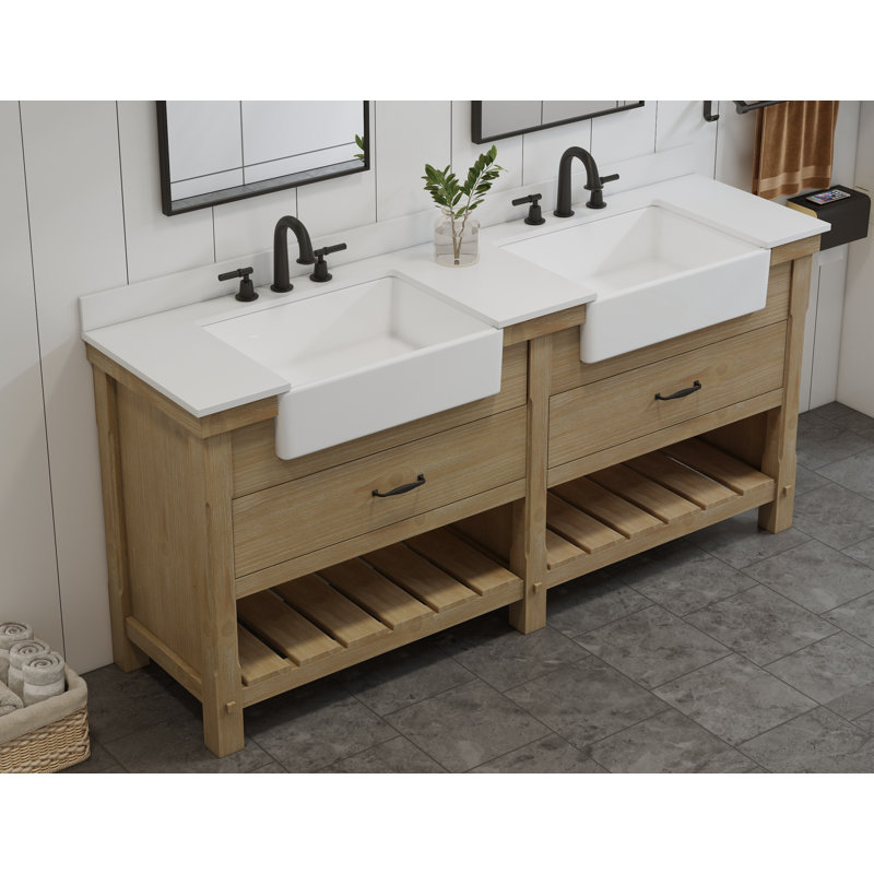 Meuble-lavabo double 72 po avec lavabo en pierre Maxbano Farmhouse, Marron clair