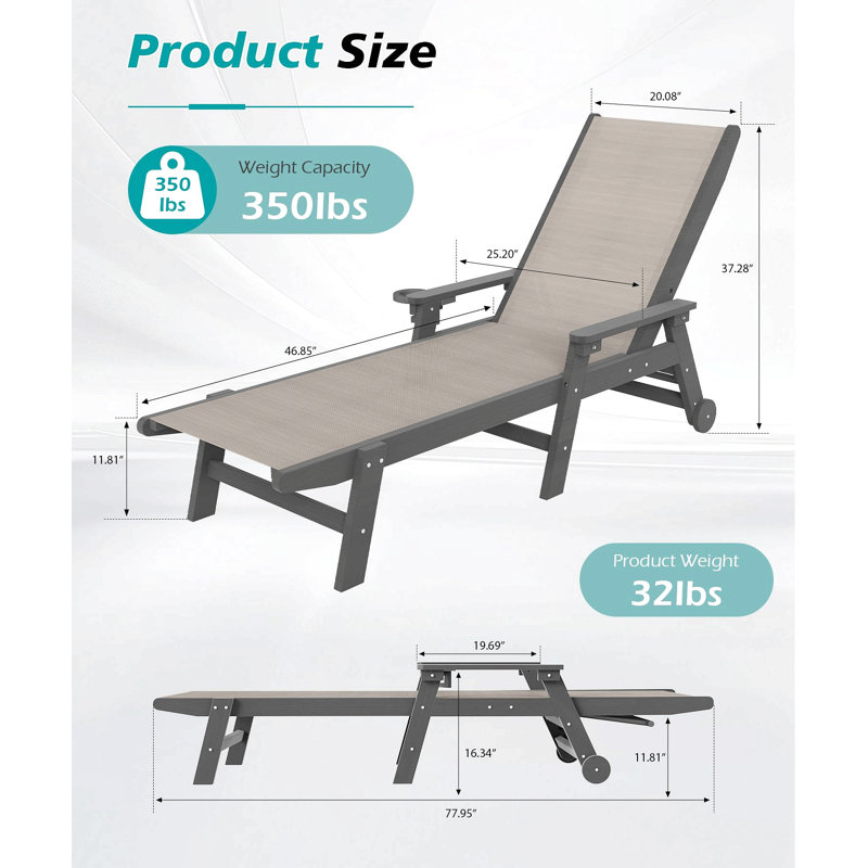 Lounge Chair Outdoor, Hdpe Chaise Lounge Outdoor With Wheels, Patio Lounge Chair Adjustable 5-Position Recliner For Patio, Poolside, Yard