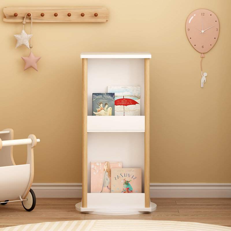 Bibliothèque à 360 ° pour enfants avec tableau noir, bibliothèque de plancher en bois à 3 niveaux et rangement pour jouets, présentoir à livres d'images
