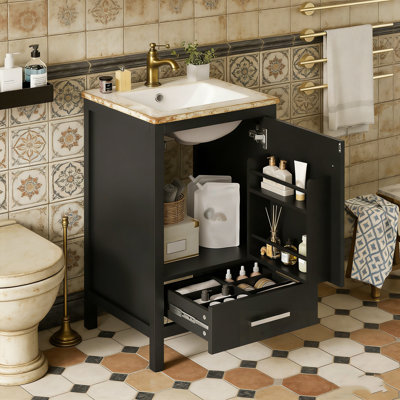 Meuble-lavabo de salle de bain avec lavabo simple, tiroir à fermeture en douceur et 1 porte