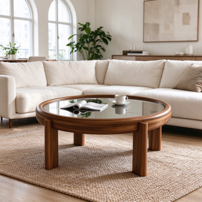 Table basse 33,46 pouces avec plateau en miroir argenté et pieds cylindriques en chêne massif