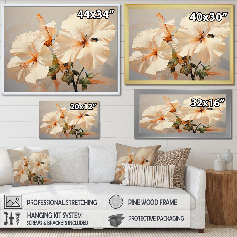 Hibiscus beige, reproduction d'art sur toile, Cadre simple blanc, H 12 po x l 20 po x P 1 po