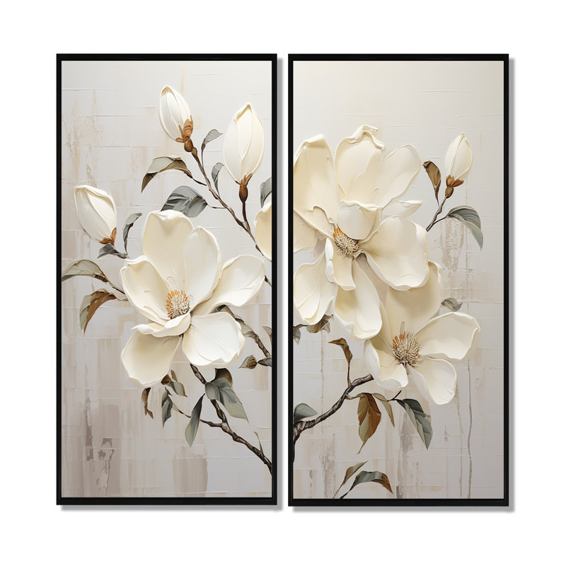 Fleur de magnolia beige et vert - art mural traditionnel, H 32 po x l 32 po, Reproduction encadrée sans passe-partout, Noir