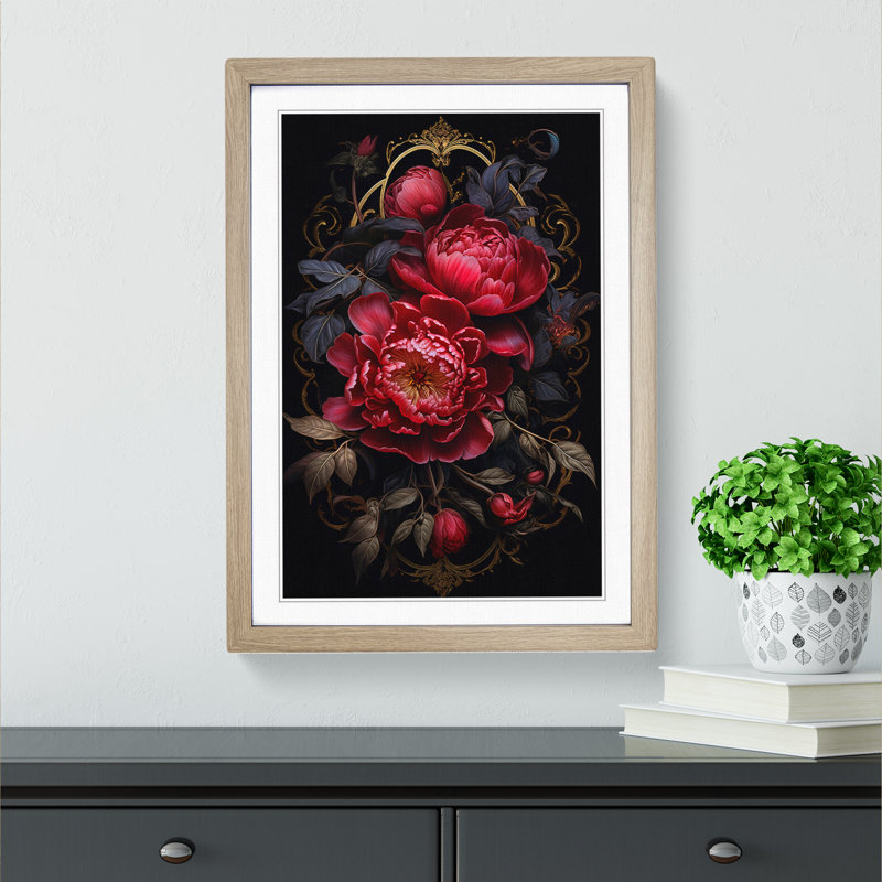 Peony Flower Gothic - Single Picture Frame Print on Wood, 64cm H x 46cm W x 2cm D, Oak Framed