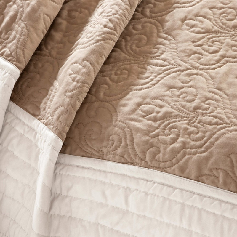 Courtepointe 7 pièces beige / grand, motif médaillon avec taies décoratives européennes et coussins, lavable à la machine double / grand ignifuge