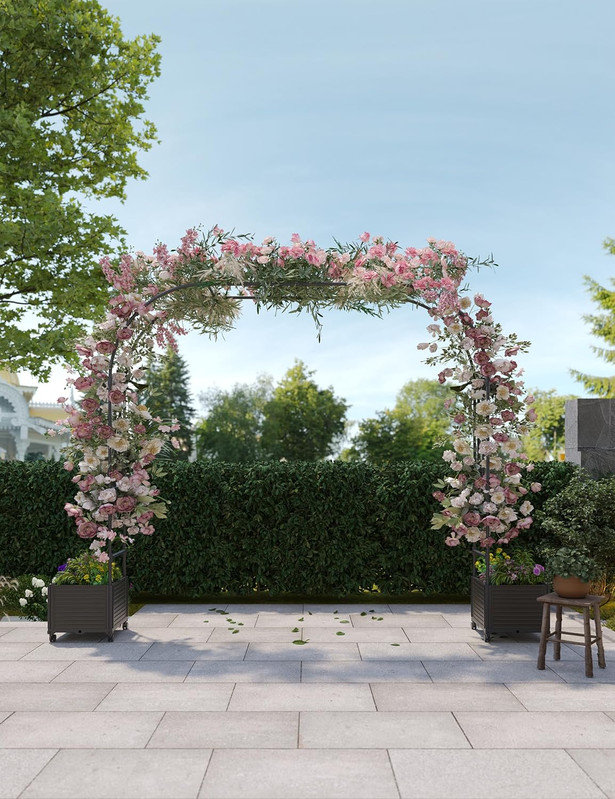 Garden Arch Trellis with Planter Box, Heavy Duty Metal Arbor for Climbing Plants & Wedding Decor, 94.5" H x 86.6" W x 15.7" D