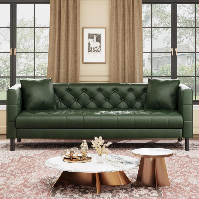 Leather Couch, Handmade Button Tufted 3 Seater Sofa, Chesterfield Sofa with Deep Seat and 2 Pillows, Leather Sofa for Living Room Apartment, Office