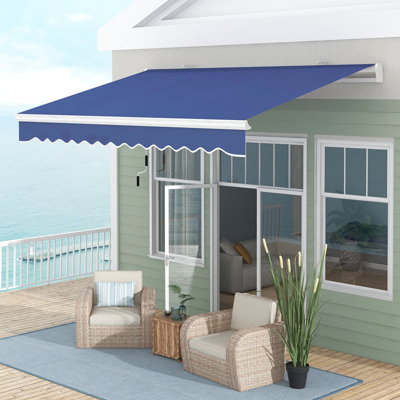 Auvent de balcon 13 'x 8' - Bleu foncé. Et eau. Manivelle manuelle. Cadre en aluminium. Terrasse, utilisation dans la cour. Ajustement multi-surfaces. Protection solaire réglable. Réduit la chaleur. Choix d'installation polyvalents.