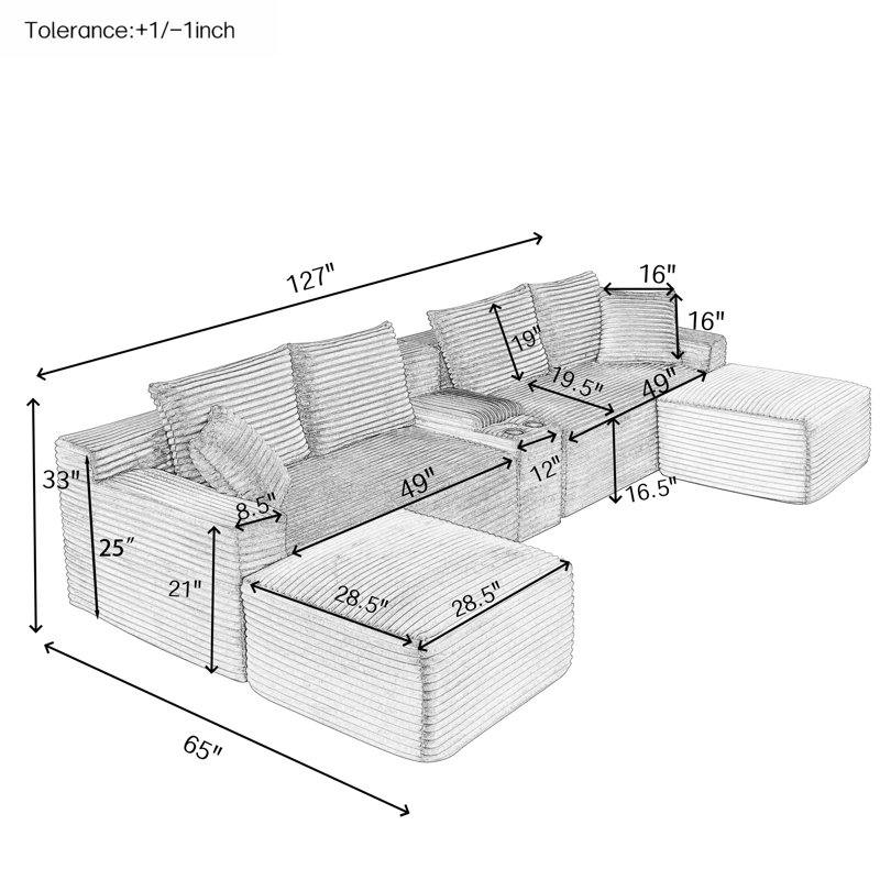 Canapé modulaire en velours côtelé avec console de rangement et USB sans assemblage, Vert