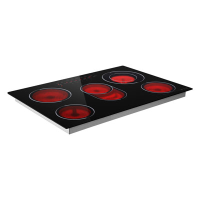 Plaque de cuisson électrique de 76 cm (30 pouces) avec 5 brûleurs, 8900 W, 220 V, plaque de cuisson radiante en céramique intégrée, 9 niveaux de puissance, minuterie, sécurité enfant, protection contre la surchauffe et commandes tactiles.