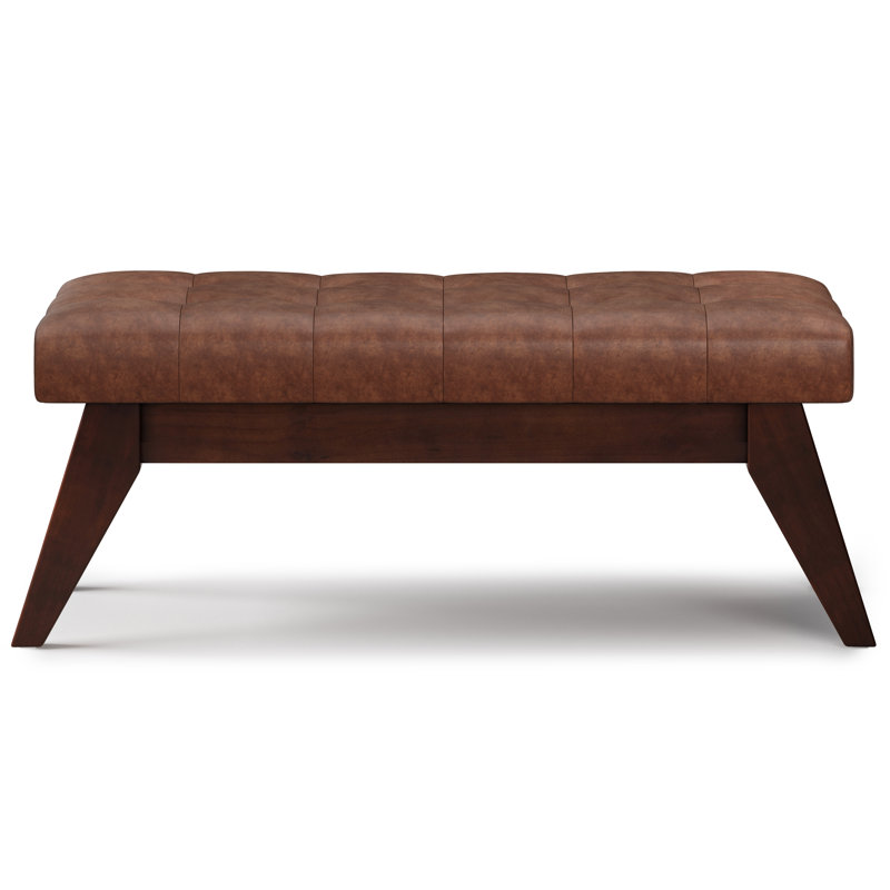 Draper 40"W Mid-Century Modern Tufted Ottoman Bench with Solid Wood Frame, Distressed Saddle Brown