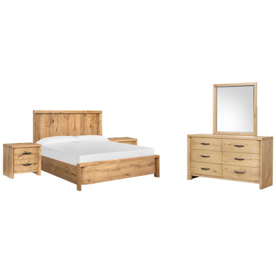 Très grand lit à panneau Hagi California avec tables de chevet et commode double avec miroir