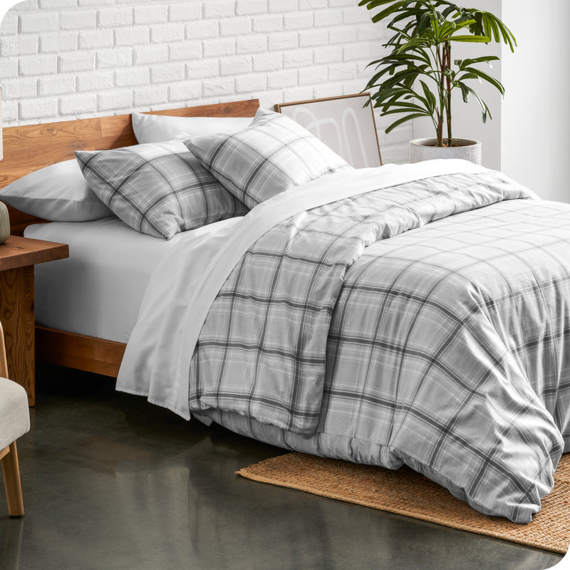 Flannel Duvet Cover and Sham Set, Queen Duvet Cover + 2 Standard Shams, Tartan Plaid