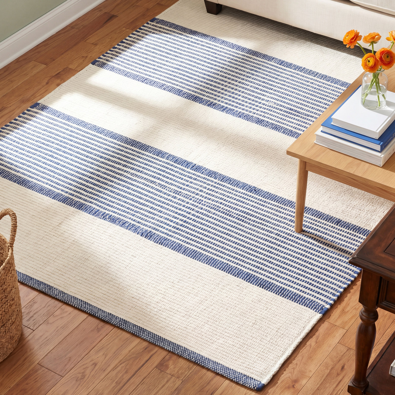 La Mirada Navy Hand-Woven Striped Cotton Rug, Rectangle 8'6" x 11'6"