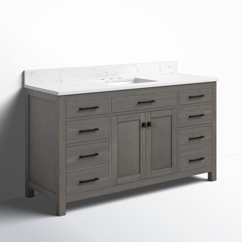Meuble-lavabo simple 60 po Ajiya, Gris texturé, Blanc de Carrare