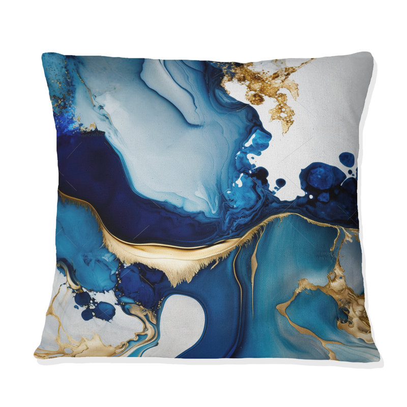Géode abstraite marbre bleu I - coussin abstrait en marbre, H 16 po x l 16 po