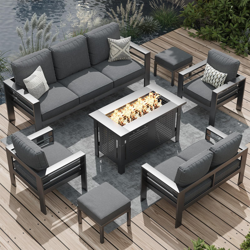 Aluminum Patio Furniture Set With Fire Pit Table, Black Cushion/Black Frame