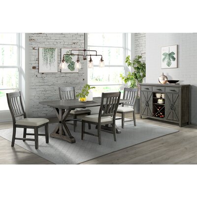 Sunset Trading Trestle 8 Piece Dining Set | 96"" Rectangular Extendable Table | Server With 20 Bottle Wine Rack | Distressed Gray Wood | 6 Upholstered -  ED-SK100-170SR-6P